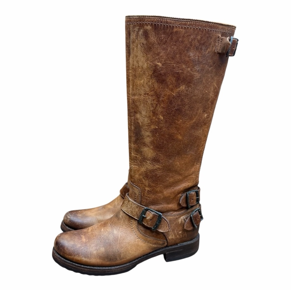 Frye Veronica size 7.5 back Zip Cognac Brown Knee High Engineer Riding Boot